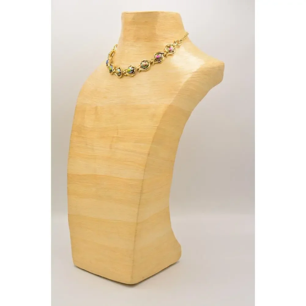Vintage Collar Choker Necklace Lucite Watermelon Chrome Gold Linked 1970s BinA